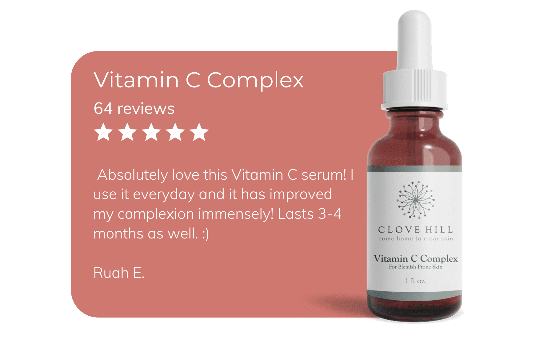 Product image of Clove Hill Complex C Vitamin alongside a review praising its effectiveness in improving skin texture and radiance.